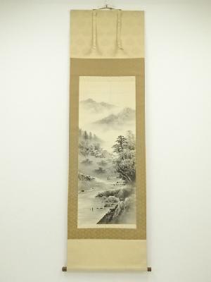 北野華山筆　水墨山水　肉筆絹本掛軸（共箱）